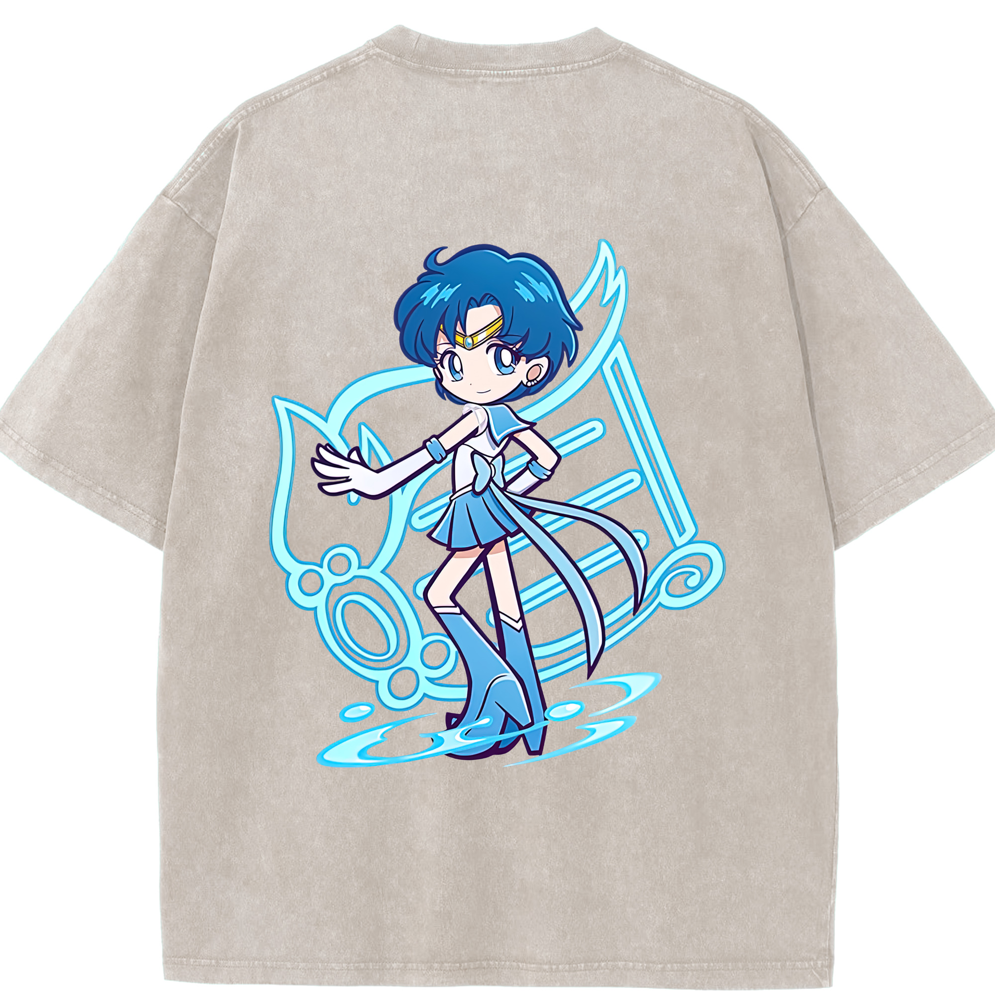 （画像用） 美少女戦士セーラームーン 水野 亜美 みずの あみ Sailor Moon Mizuno Ami 綿100% ヴィンテージ風 半袖Tシャツ（背面プリント）