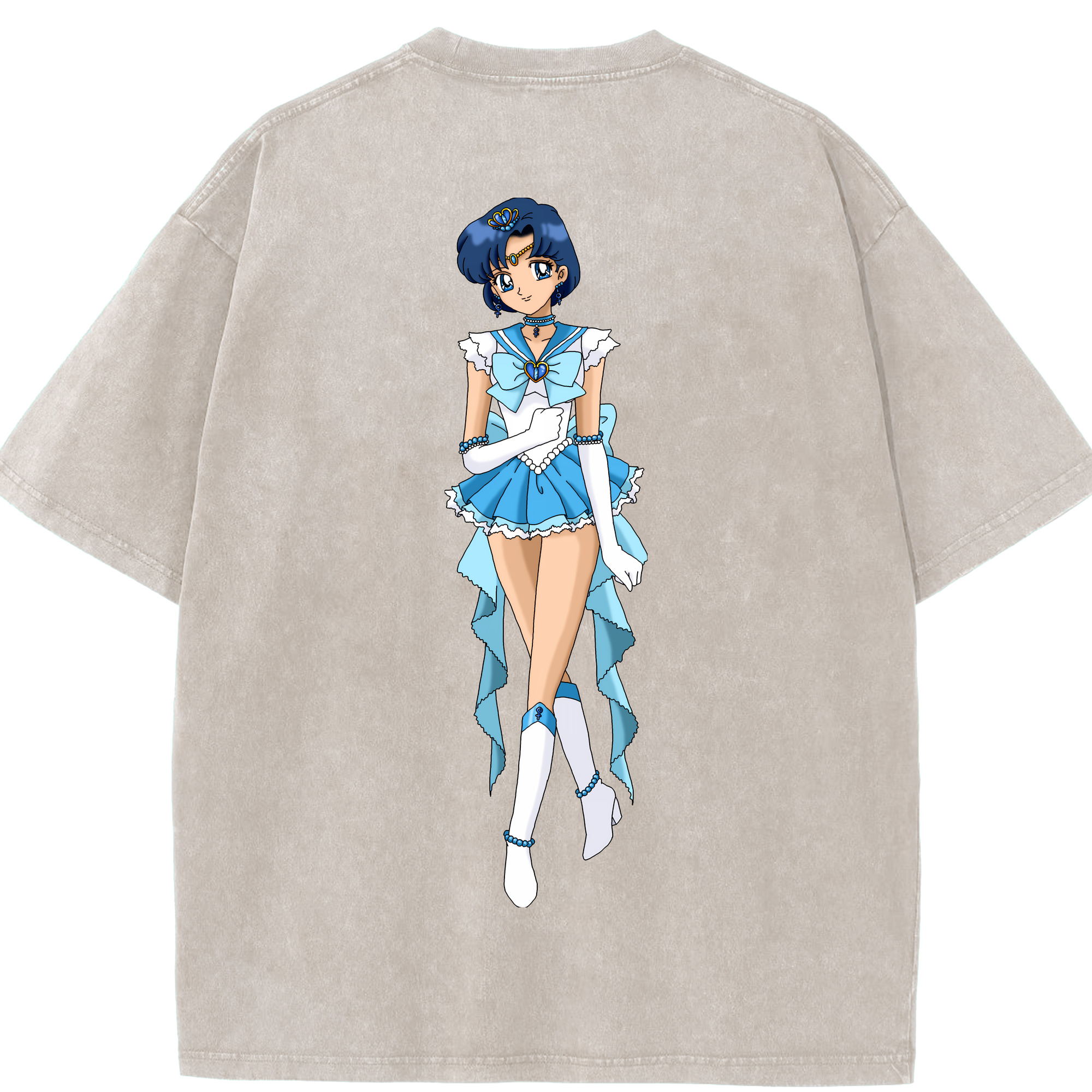（画像用） 美少女戦士セーラームーン 水野 亜美 みずの あみ Sailor Moon Mizuno Ami 綿100% ヴィンテージ風 半袖Tシャツ（背面プリント）