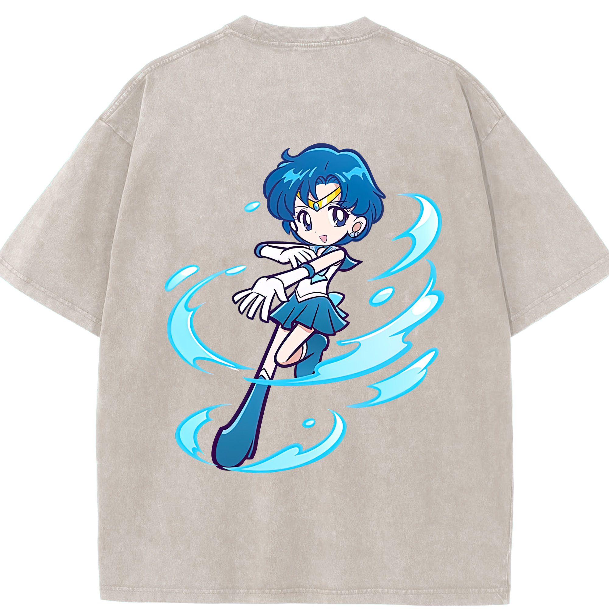 （画像用） 美少女戦士セーラームーン 水野 亜美 みずの あみ Sailor Moon Mizuno Ami 綿100% ヴィンテージ風 半袖Tシャツ（背面プリント）
