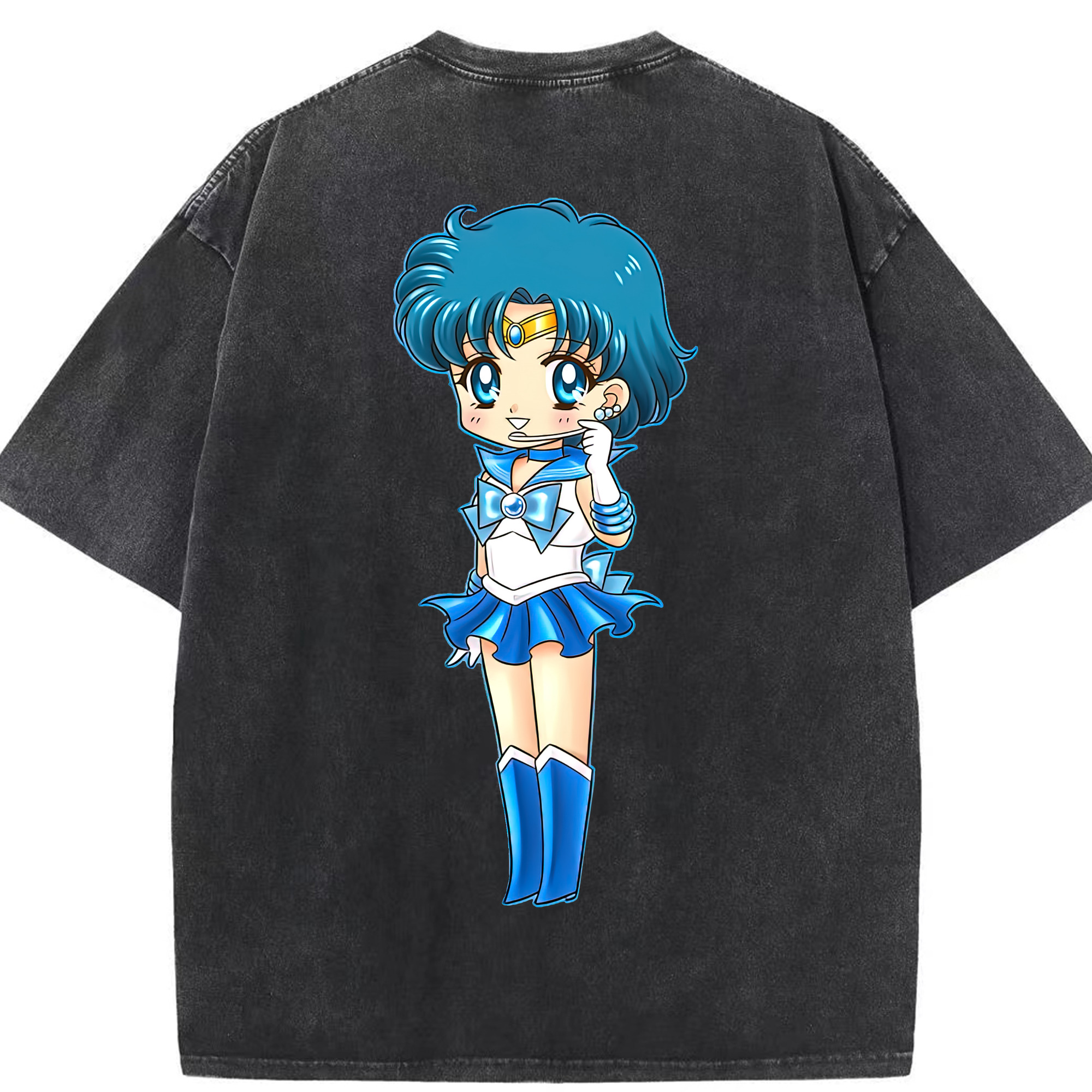 （画像用） 美少女戦士セーラームーン 水野 亜美 みずの あみ Sailor Moon Mizuno Ami 綿100% ヴィンテージ風 半袖Tシャツ（背面プリント）