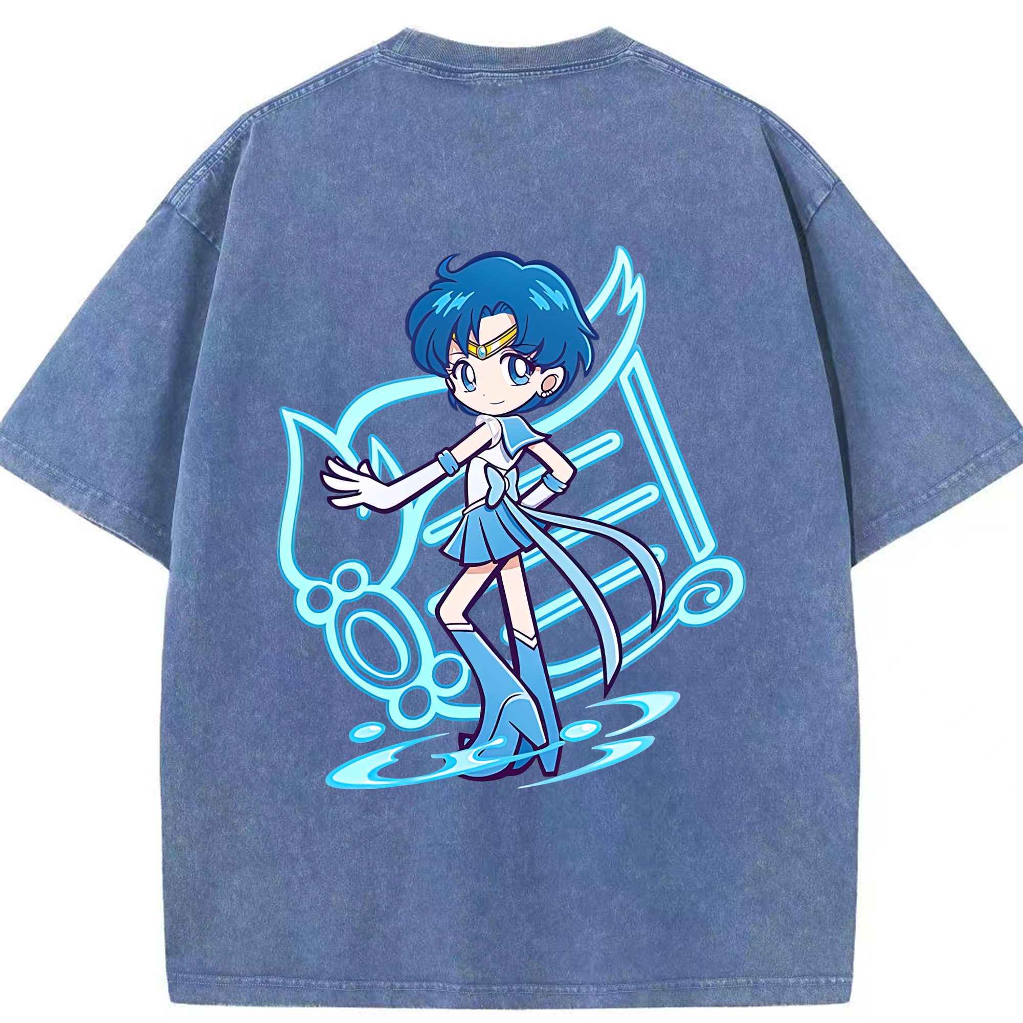 （画像用） 美少女戦士セーラームーン 水野 亜美 みずの あみ Sailor Moon Mizuno Ami 綿100% ヴィンテージ風 半袖Tシャツ（背面プリント）