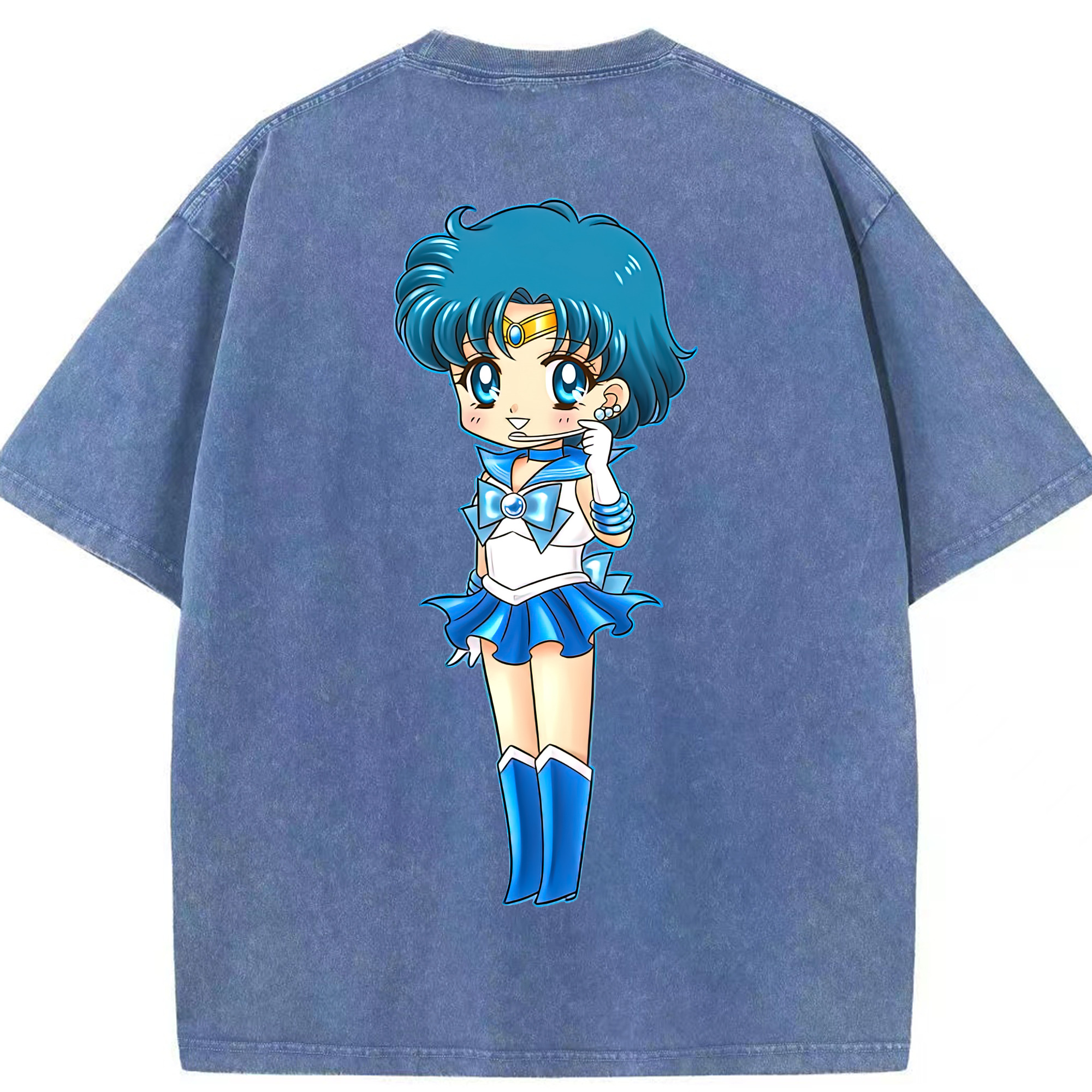 （画像用） 美少女戦士セーラームーン 水野 亜美 みずの あみ Sailor Moon Mizuno Ami 綿100% ヴィンテージ風 半袖Tシャツ（背面プリント）