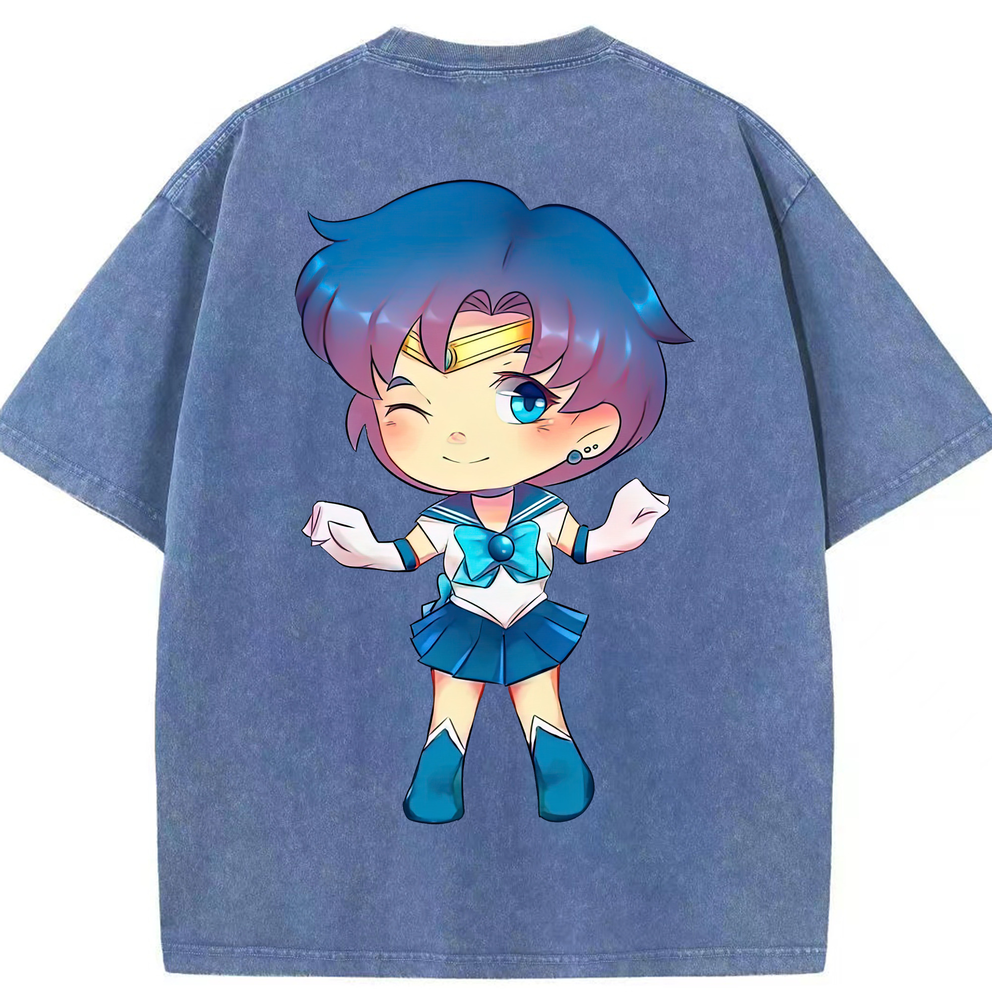 （画像用） 美少女戦士セーラームーン 水野 亜美 みずの あみ Sailor Moon Mizuno Ami 綿100% ヴィンテージ風 半袖Tシャツ（背面プリント）