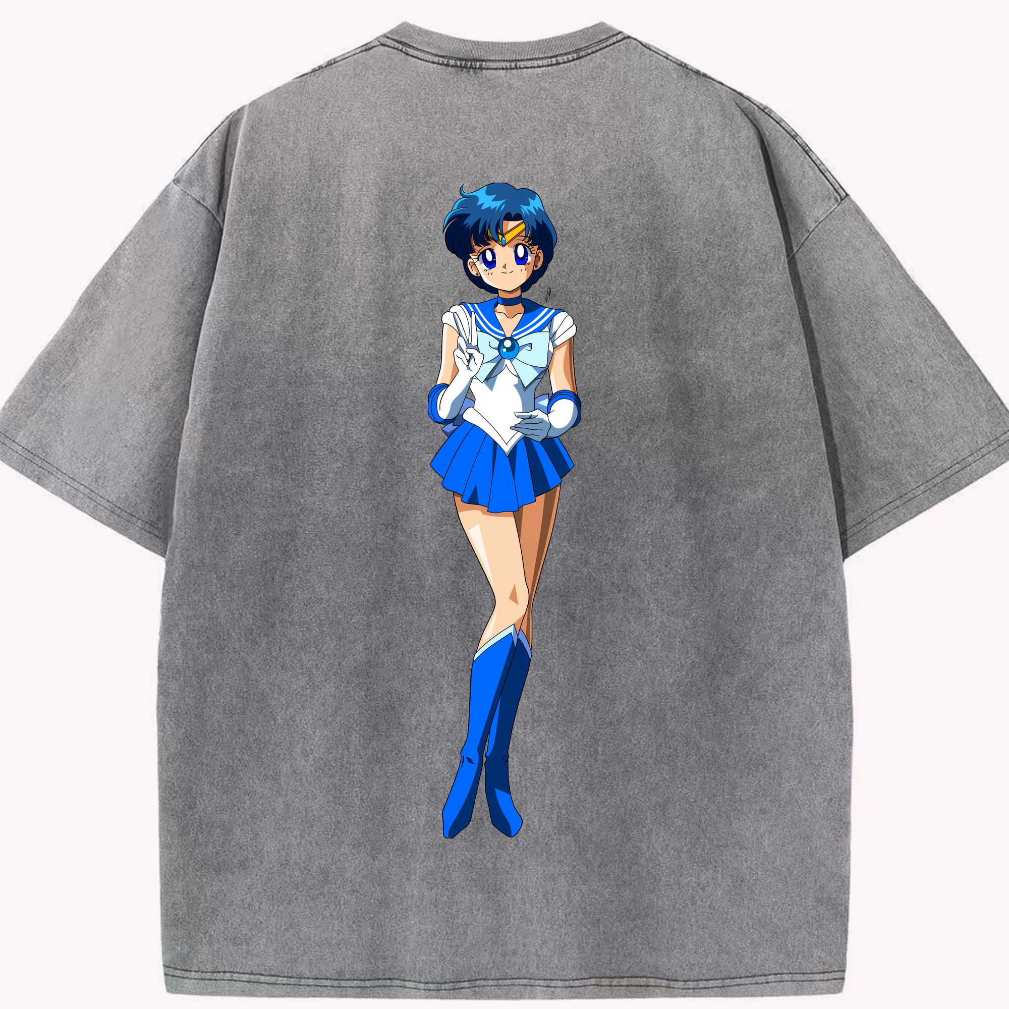 （画像用） 美少女戦士セーラームーン 水野 亜美 みずの あみ Sailor Moon Mizuno Ami 綿100% ヴィンテージ風 半袖Tシャツ（背面プリント）