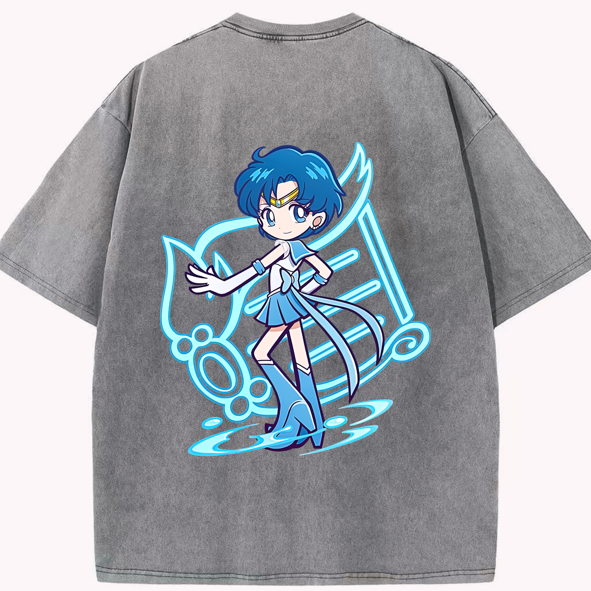 （画像用） 美少女戦士セーラームーン 水野 亜美 みずの あみ Sailor Moon Mizuno Ami 綿100% ヴィンテージ風 半袖Tシャツ（背面プリント）