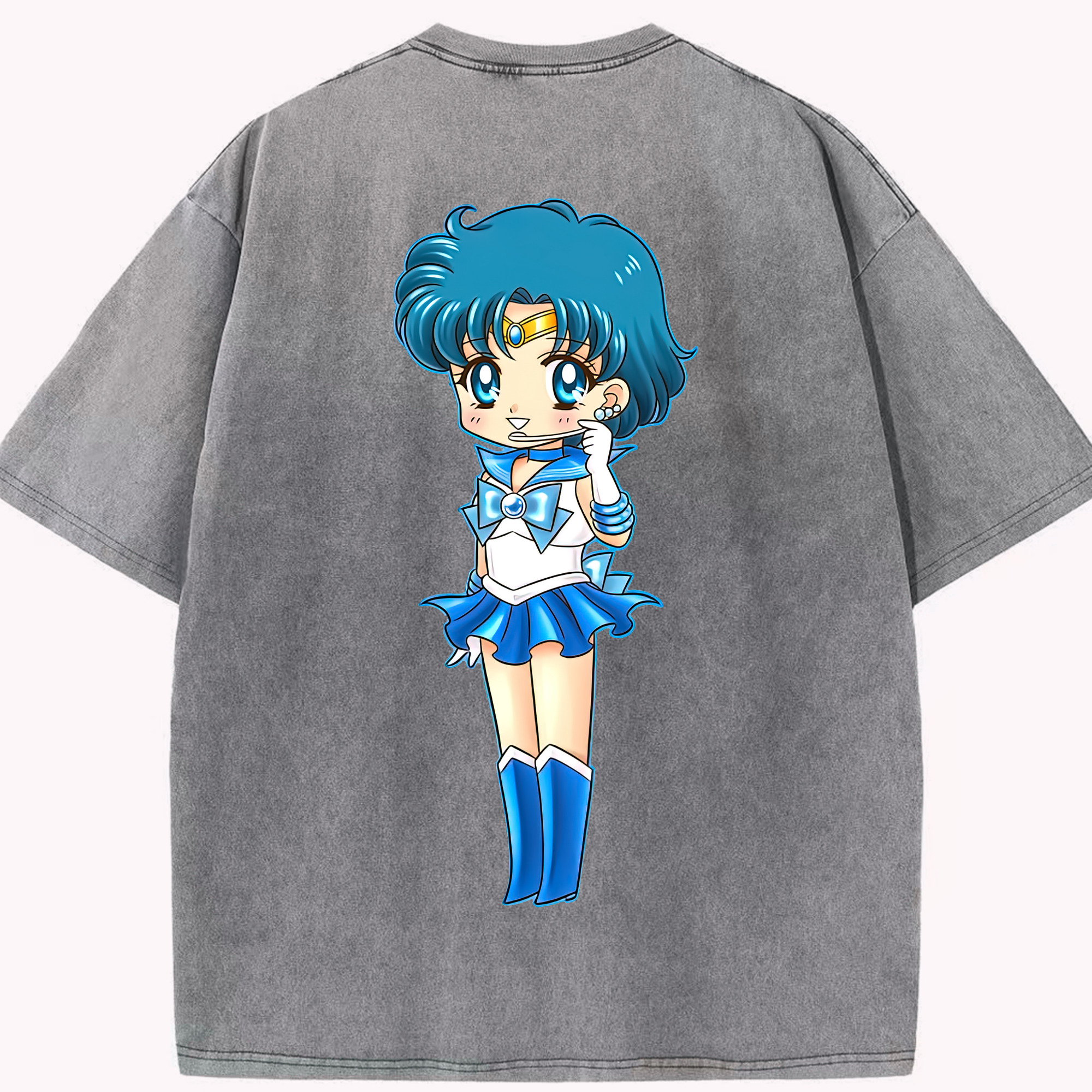 （画像用） 美少女戦士セーラームーン 水野 亜美 みずの あみ Sailor Moon Mizuno Ami 綿100% ヴィンテージ風 半袖Tシャツ（背面プリント）