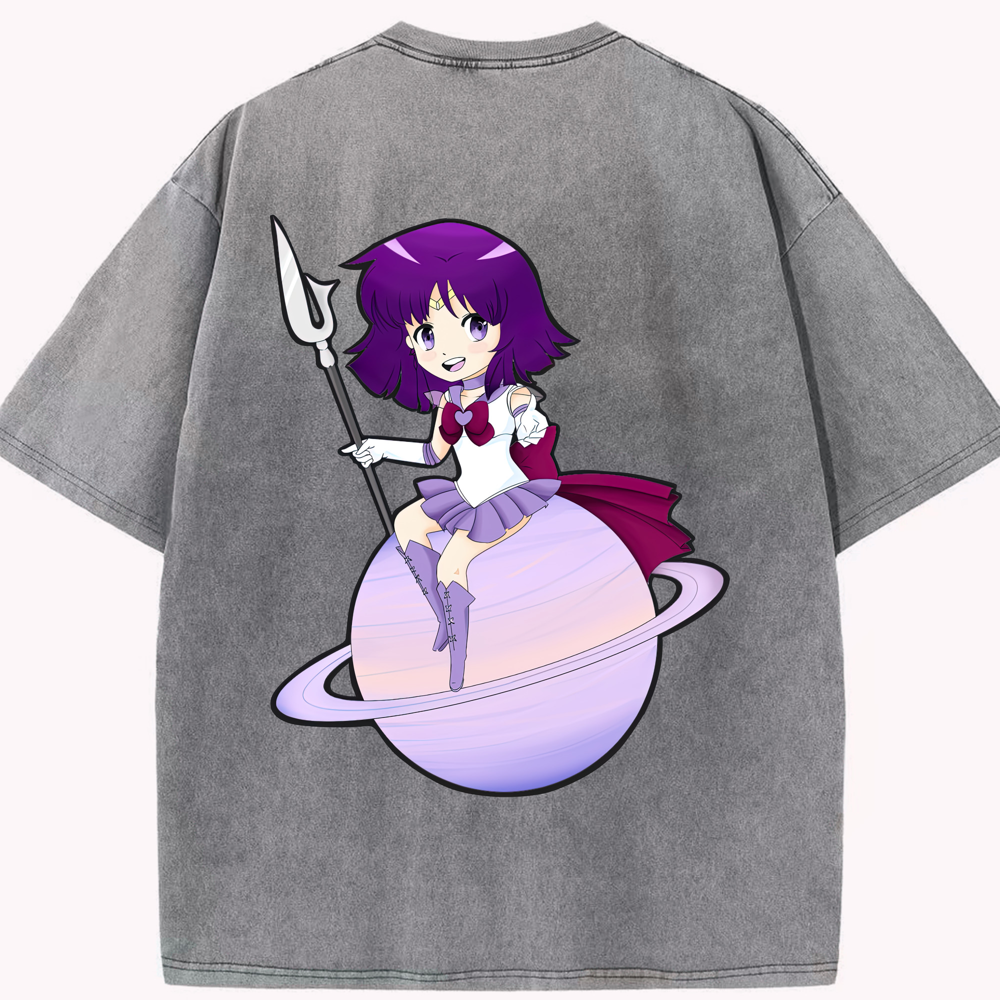 （画像用） 美少女戦士セーラームーン 土萠ほたる Sailor Moon Tomoe Hotaru （セーラーサターン；Sailor Saturn） 綿100% ヴィンテージ風 半袖Tシャツ（背面プリント）