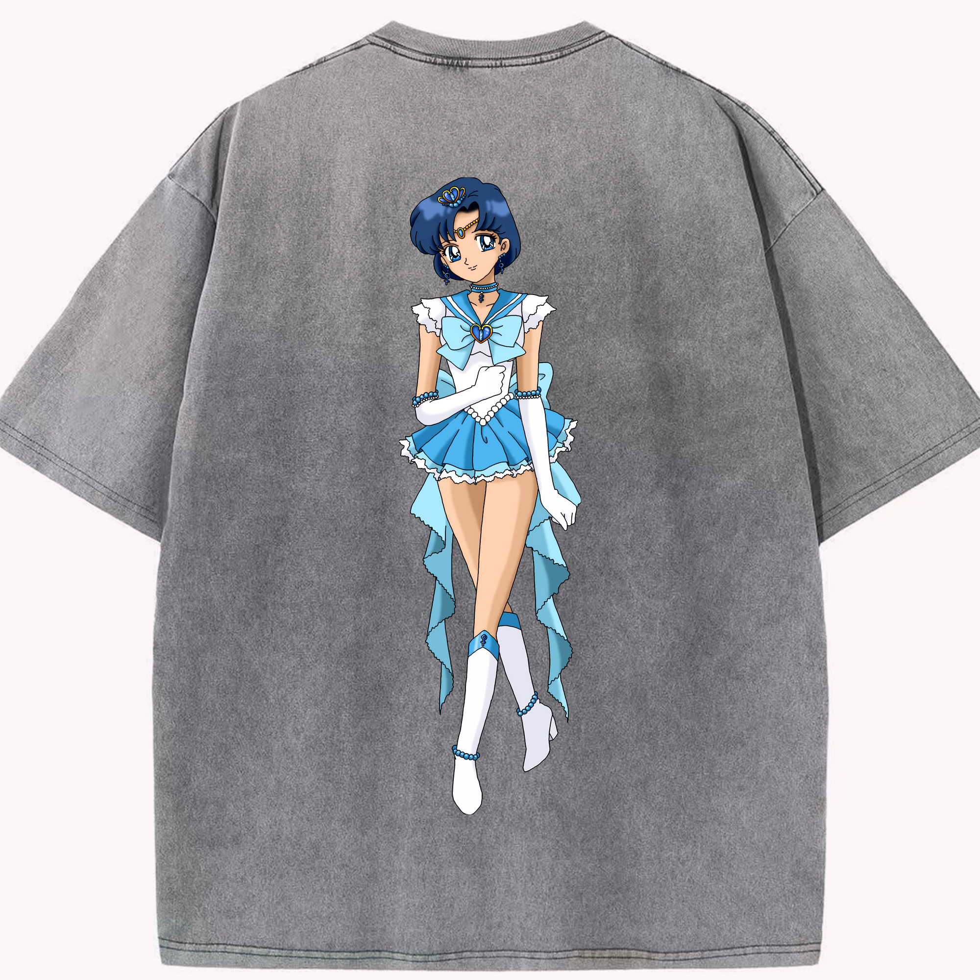 （画像用） 美少女戦士セーラームーン 水野 亜美 みずの あみ Sailor Moon Mizuno Ami 綿100% ヴィンテージ風 半袖Tシャツ（背面プリント）