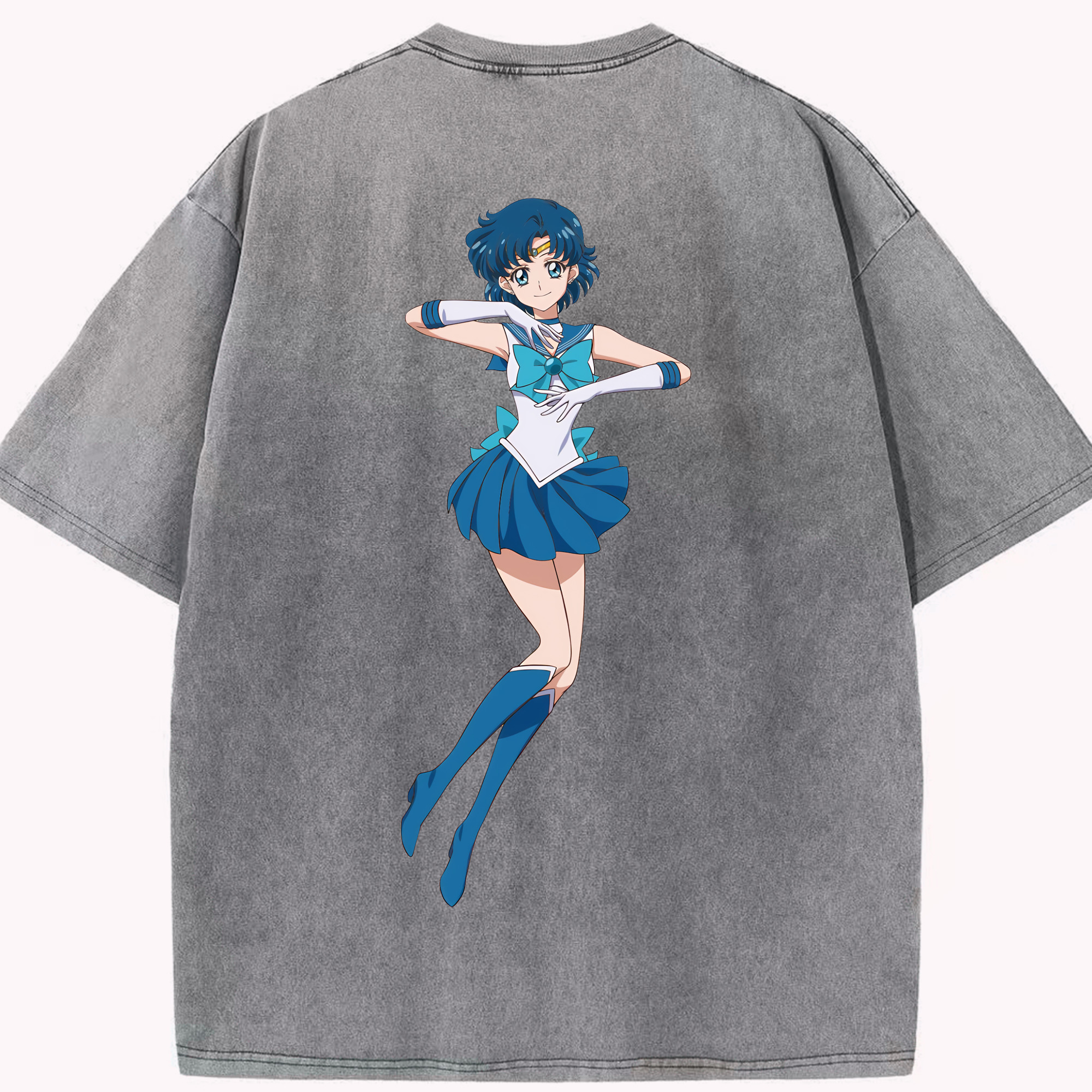 （画像用） 美少女戦士セーラームーン 水野 亜美 みずの あみ Sailor Moon Mizuno Ami 綿100% ヴィンテージ風 半袖Tシャツ（背面プリント）