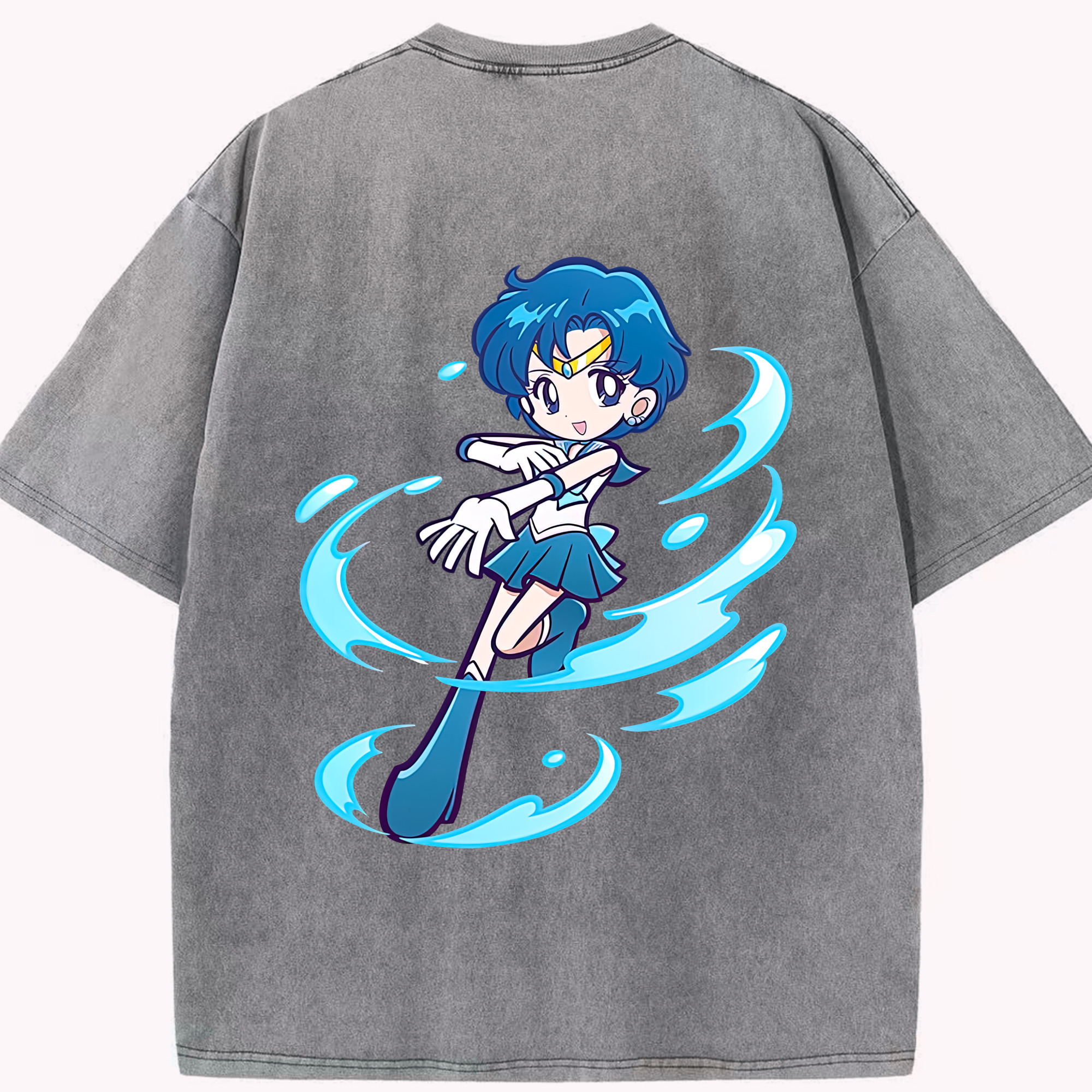 （画像用） 美少女戦士セーラームーン 水野 亜美 みずの あみ Sailor Moon Mizuno Ami 綿100% ヴィンテージ風 半袖Tシャツ（背面プリント）