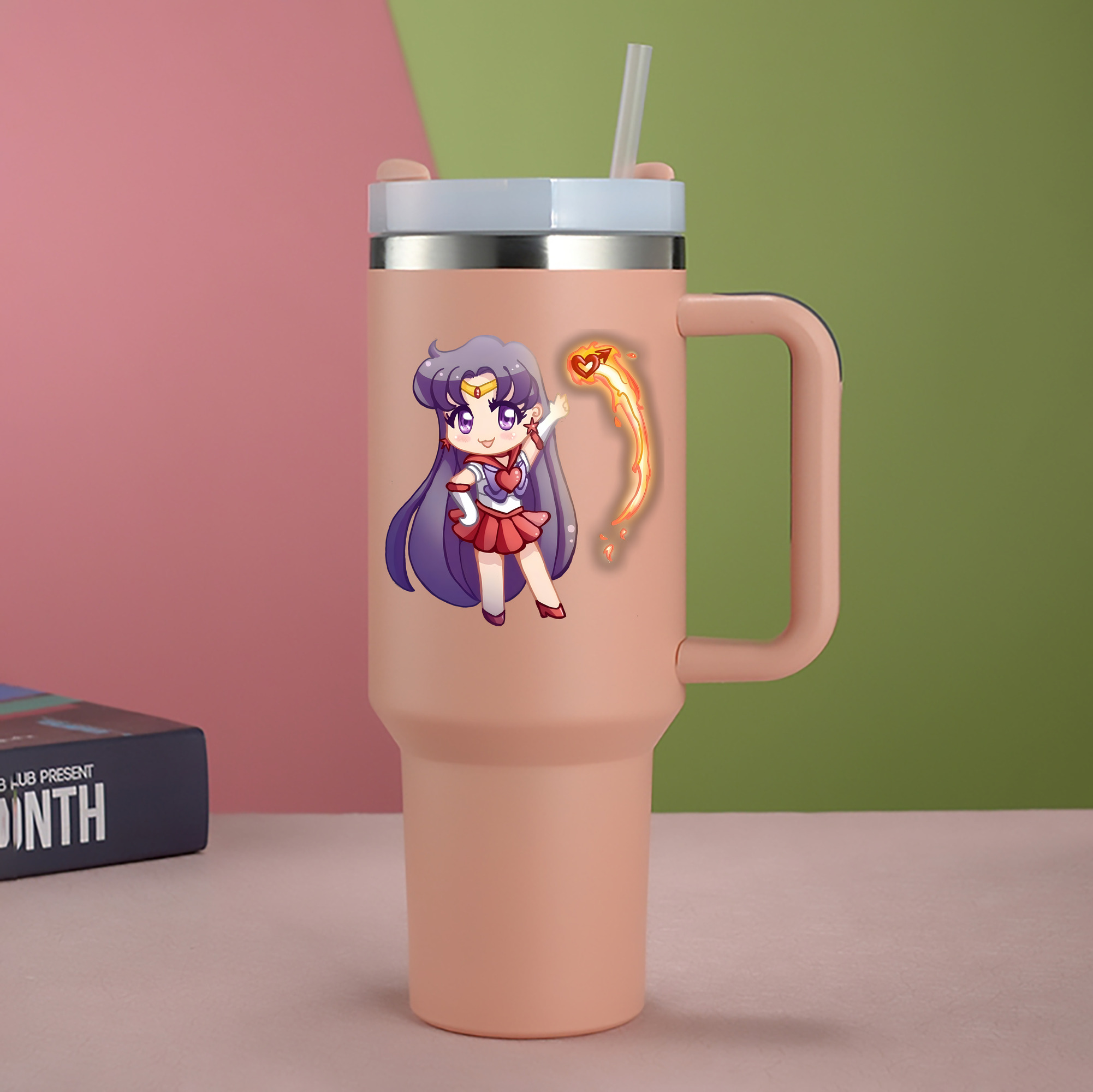 （画像用） 美少女戦士セーラームーン 火野レイ ひの レイ Sailor Moon Hino Rei （セーラーマーズ,Sailor Mars） 1200mL車用タンブラー - クリスタルステッカー（プラスチックストロー付き）
