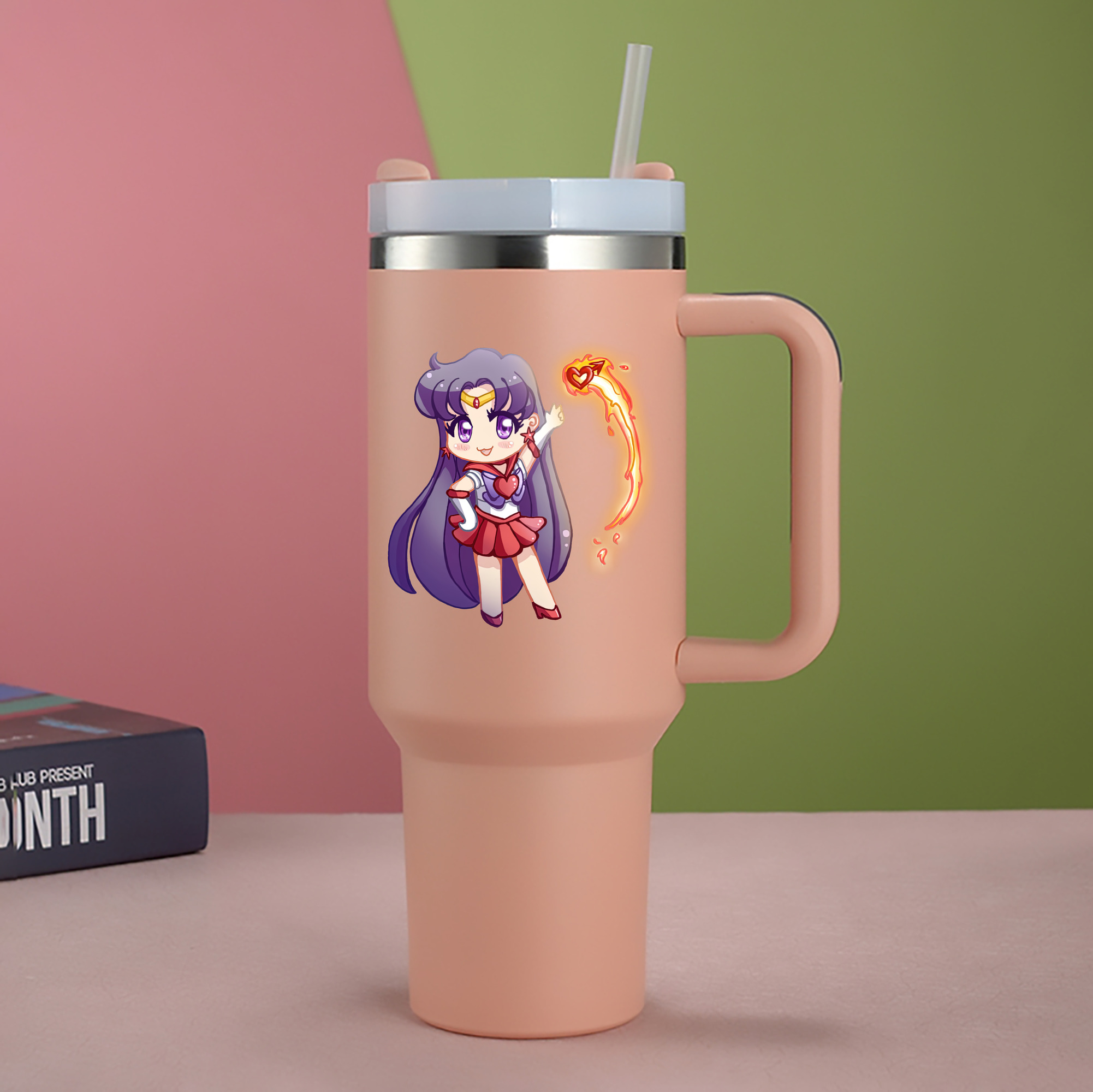 （画像用） 美少女戦士セーラームーン 火野レイ ひの レイ Sailor Moon Hino Rei （セーラーマーズ,Sailor Mars） 1200mL車用タンブラー - クリスタルステッカー（プラスチックストロー付き）
